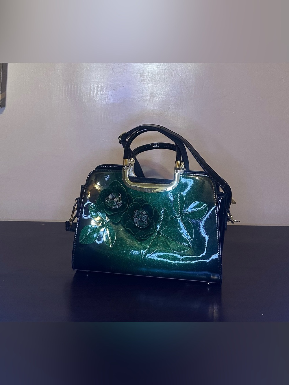 Elegant Green Patent Floral Satchel Handbag